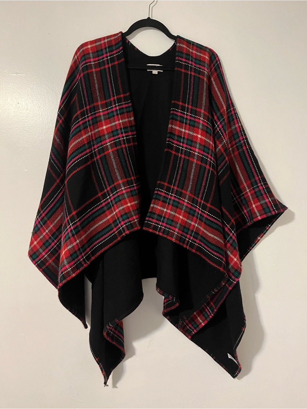 LOFT Red and Black Plaid Open Poncho